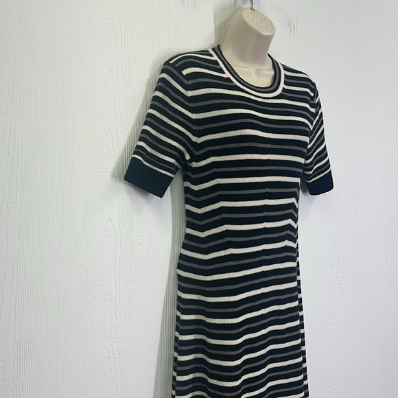 EVERLANE - Ribbed Taupe Canvas Black Stripe Short Sleeve Midi Dress Size Large - Picture 5 of 12